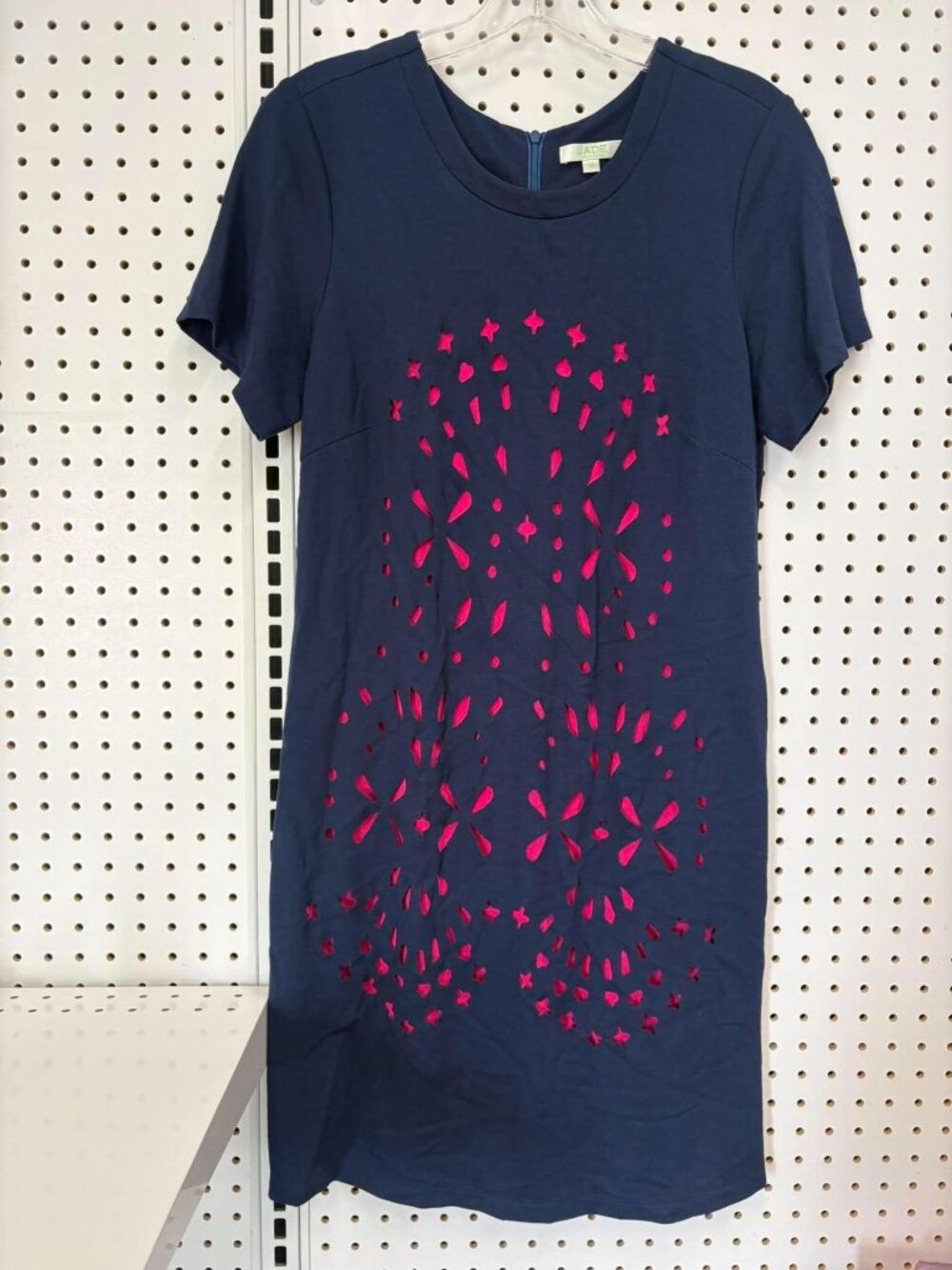 Jade Melody Tam Navy & Pink Embroidered Short-Sleeve Dress With Back Zip Closure